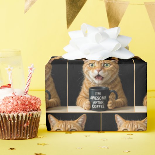 ブラックコーヒーカップで驚おもしろいいたオレンジ猫 ラッピングペーパー (誕生日パーティー)