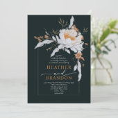 ブラックコーラルオレンジ ホワイト フラワーボーダー ウェディング 招待状 (スタンド正面)