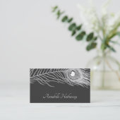 ブラックコールカード上の白い孔雀の羽 名刺 (スタンド正面)