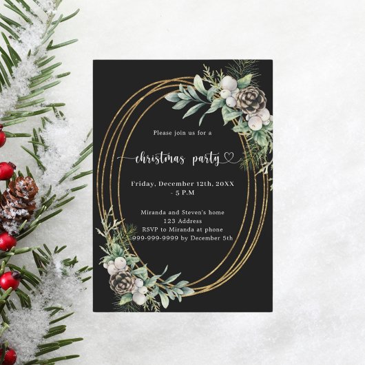 ブラックコーンパイン緑金ゴールドクリスマスパーティー 招待状