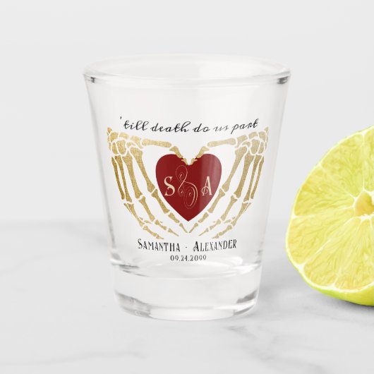 ブラックゴシックウェディングスケルトンハンド Till Death ショットグラス (正面)