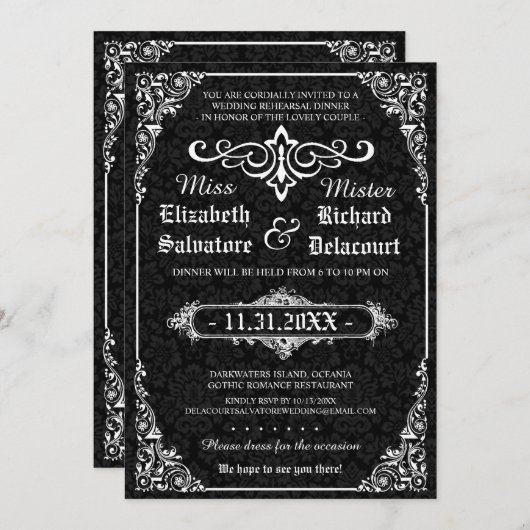 ブラックゴシックダマスクビクトリアンリハーサルディナー 招待状 (正面/裏面)