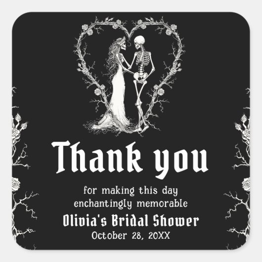 ブラックゴシック ハロウィン スケルトン ブライダルシャワー スクエアシール (正面)