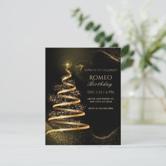 ブラックゴールデンエレガントクリスマスツリー誕生日 招待状 (スタンド正面)