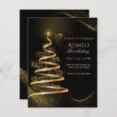 ブラックゴールデンエレガントクリスマスツリー誕生日 招待状 (正面/裏面)