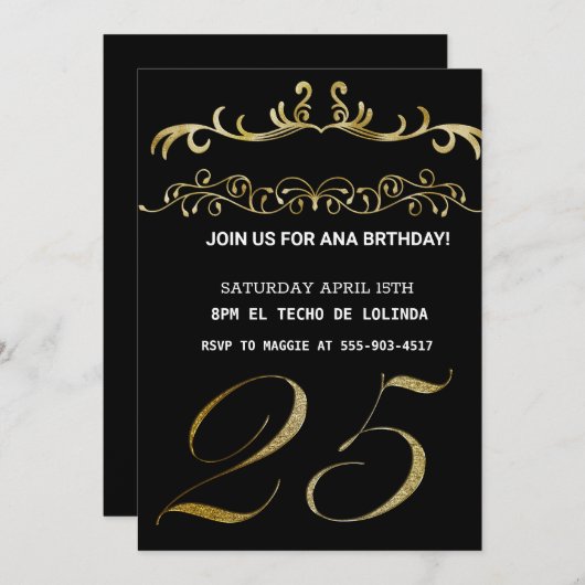 ブラックゴールデンエレガント招待状のためのあなたの誕生日 招待状 (正面/裏面)