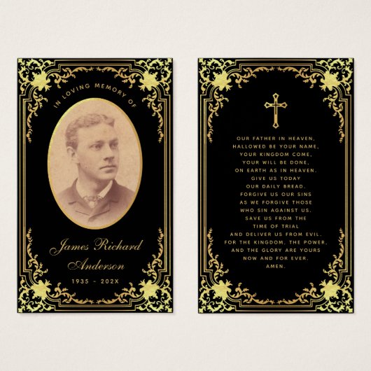 ブラックゴールデンスクリプト葬儀記念祈りの言葉カード (正面&裏面)