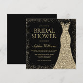 ブラックゴールデンスパークルグリッタードレスブライダルシャワー 招待状 (正面/裏面)