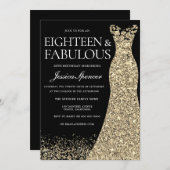 ブラックゴールデンドレス女性18thバースデーパーティー 招待状 (正面/裏面)