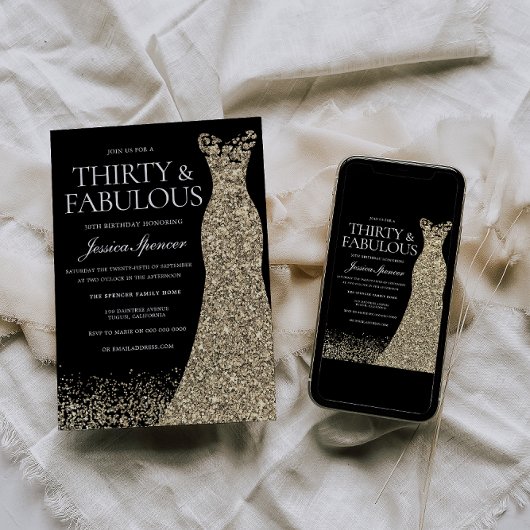 ブラックゴールデンドレス女性30th誕生日パーティー 招待状