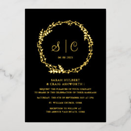 ブラックゴールデンモノグラムフローラボタニカルリース 箔招待状