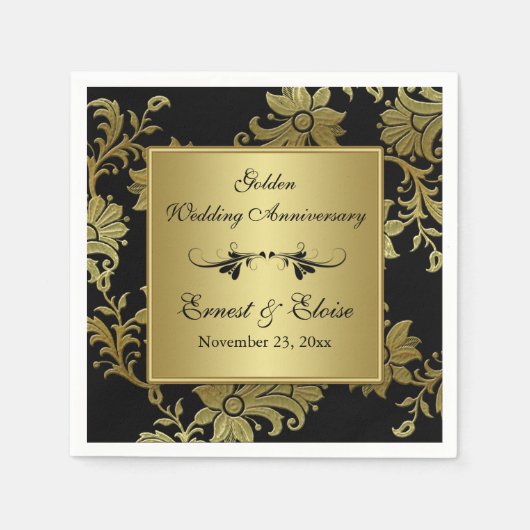ブラックゴールデン結婚ズ記念日ナプキンス スタンダードカクテルナプキン (正面)