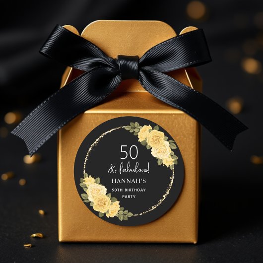 ブラックゴールドと黄色の花柄 50歳の誕生日 ラウンドシール