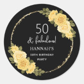 ブラックゴールドと黄色の花柄 50歳の誕生日 ラウンドシール (正面)