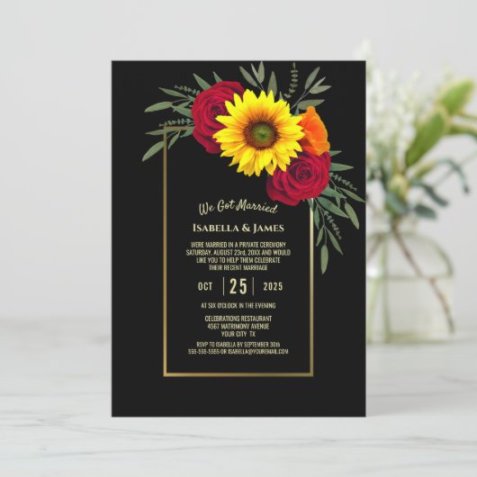 ブラックゴールドのひまわりとバラの結婚披露宴 招待状 (スタンド正面)