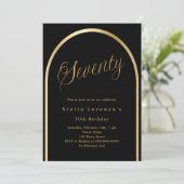 ブラックゴールドのアーチスクリプト ラグジュアリー 70歳の誕生日 招待状 (スタンド正面)