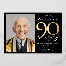 ブラックゴールドのエレガントな90歳の誕生日 カスタムフォト 箔招待状