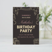 ブラックゴールドのクリエイティブな誕生日パーティー招待状 招待状 (スタンド正面)