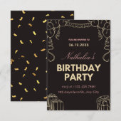 ブラックゴールドのクリエイティブな誕生日パーティー招待状 招待状 (正面/裏面)