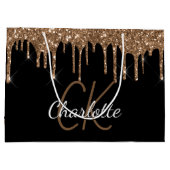 ブラックゴールドのグリッターが滴るモノグラム名前のスクリプト ラージペーパーバッグ (裏面)