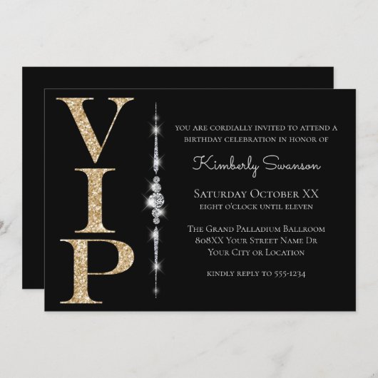 ブラックゴールドのグリッターが輝くVIPパーティー 招待状 (正面/裏面)