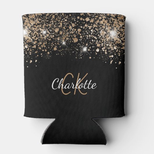 ブラックゴールドのグリッター モノグラム 名前 おしゃれな輝き 缶クーラー (裏面)