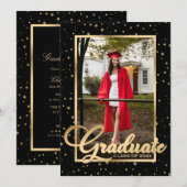 ブラックゴールドのコンフェッティ写真 卒業パーティー 招待状 (正面/裏面)