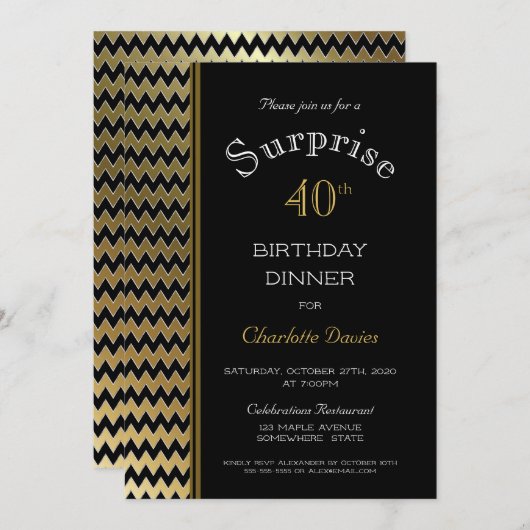 ブラックゴールドのシェブロンサプライズ 40歳の誕生日ディナー 招待状 (正面/裏面)
