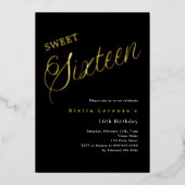 ブラックゴールドのスクリプトで贅沢なSweet 16 箔招待状 (正面)