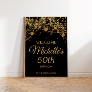 ブラックゴールドのストリングライト ウェルカム 50歳の誕生日 ポスター