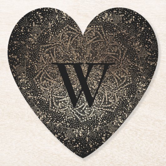 ブラックゴールドのスパークルスノーフレークモノグラム ペーパーコースター (正面)