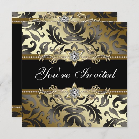 ブラックゴールドのダマスク織 オールオケージョン パーティー招待状 招待状 (正面/裏面)