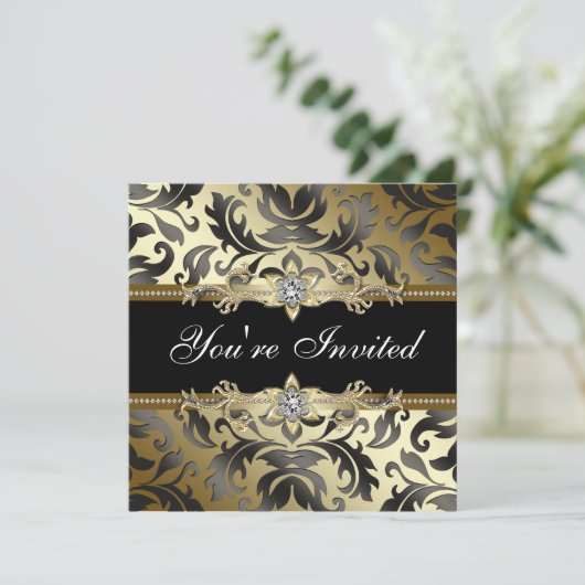 ブラックゴールドのダマスク すべての機会のパーティー招待状 招待状 (スタンド正面)