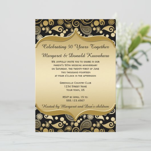 ブラックゴールドのペイズリー オーナメントフレーム 50周年記念 招待状 (スタンド正面)