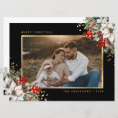 ブラックゴールドのポインセチアと実の写真クリスマスカード シーズンカード (正面/裏面)