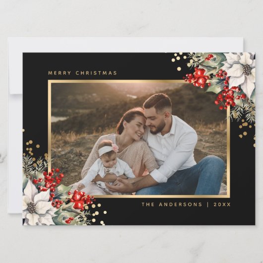 ブラックゴールドのポインセチアと実の写真クリスマスカード シーズンカード (正面)