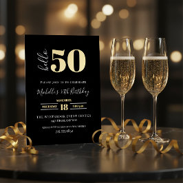 ブラックゴールドのミニマルHello 50スクリプト50歳の誕生日 箔招待状