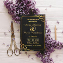 ブラックゴールドのモダンな結婚式招待状