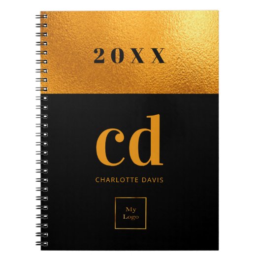 ブラックゴールドのモノグラムイニシャルビジネスロゴ ノートブック (正面)