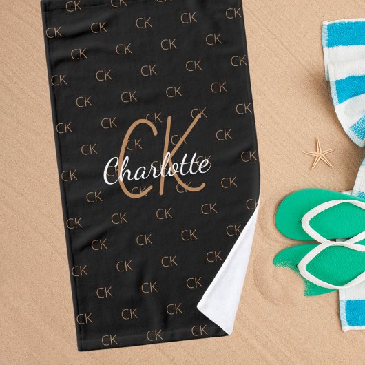 ブラックゴールドのモノグラムイニシャル名スクリプトエレガント ハンドタオル