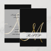 ブラックゴールドのモノグラムM ウェディングRSVP 出欠カード (正面/裏面)