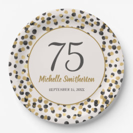 ブラックゴールドのラメ入り紙吹雪 75歳の誕生日 ペーパープレート
