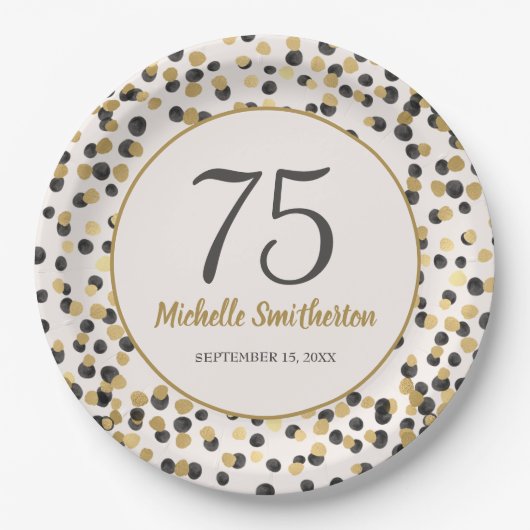 ブラックゴールドのラメ入り紙吹雪 75歳の誕生日 ペーパープレート (正面)