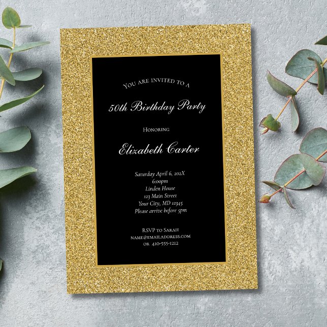 ブラックゴールドのラメ 50歳 60歳の誕生日パーティーの招待状 (Black and Gold Glitter 50th Birthday invitation. Formal Elegant. Instant Download Digital or Printed)