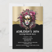 ブラックゴールドの仮面舞踏会 ピンクのバラのマスク エレガントな少女たち 招待状 (正面)