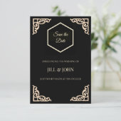 ブラックゴールドの六角形アールデコ調の結婚式日程お知らせ セーブザデート (スタンド正面)