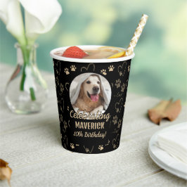 ブラックゴールドの写真付き肉球プリント 犬の誕生日パーティー 紙コップ