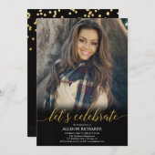 ブラックゴールドの写真卒業パーティー、 お祝いしよう 招待状 (正面/裏面)