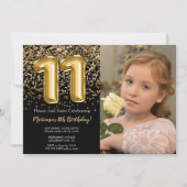 ブラックゴールドの写真 少女の11歳の誕生日パーティー 招待状 (正面)