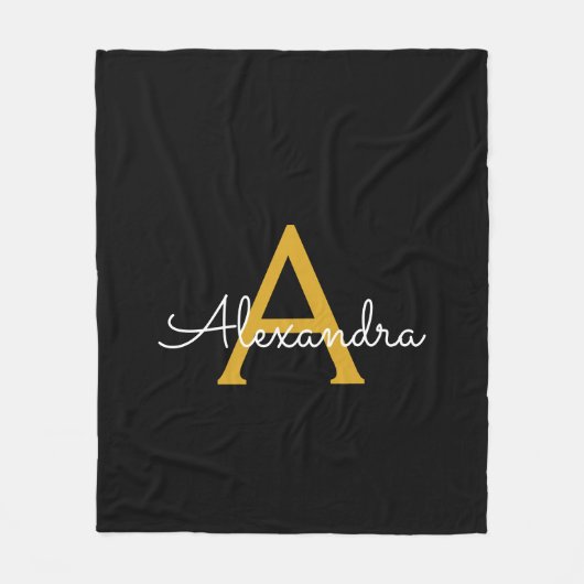 ブラックゴールドの女の子らしいスクリプトモノグラム名前のモダン フリースブランケット (正面)